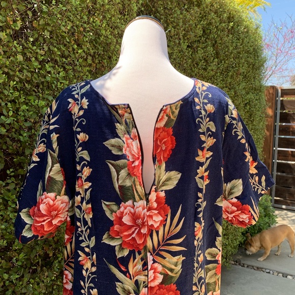🌺 Vintage Hawaiian Barkcloth Mumu Dress Navy - Picture 5 of 8